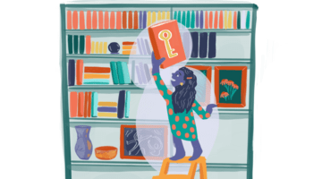 A person climbing up stairs to reach for a book