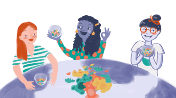 Three persons sharing gummy bears Three persons sharing gummy bears