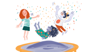 Three people jumping on a trampoline and celebrating Three people jumping on a trampoline and celebrating