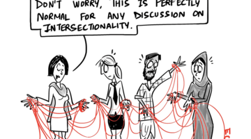 People holding threads representing identities 