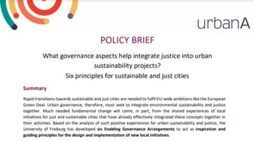 What governance aspects help integrate justice into urban sustainability projects?