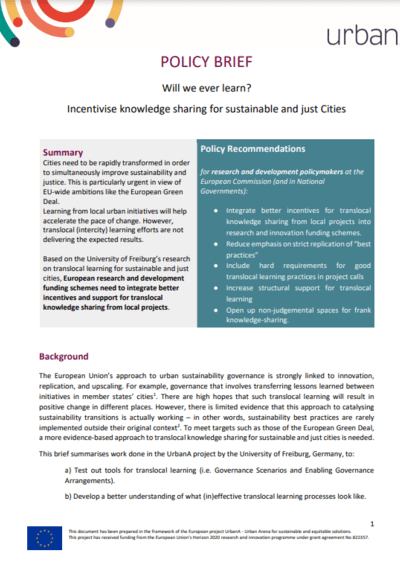 Policy Brief: Will we ever learn? Incentivise knowledge sharing for sustainable and just Cities