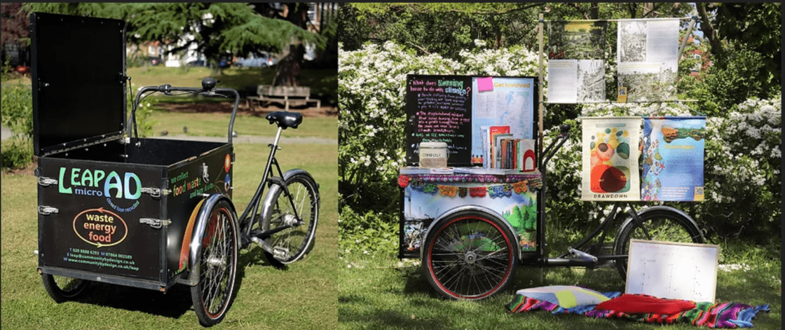 Amy's bike with her informative posters about climate change