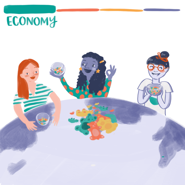 Three persons sharing gummy bears