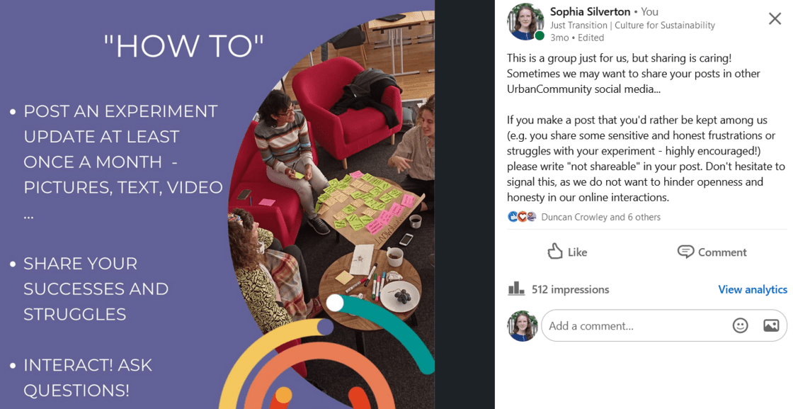 A screenshot of the LinkedIn post which explains posting rules in the closed group for UrbanCOmmunity experimenters
