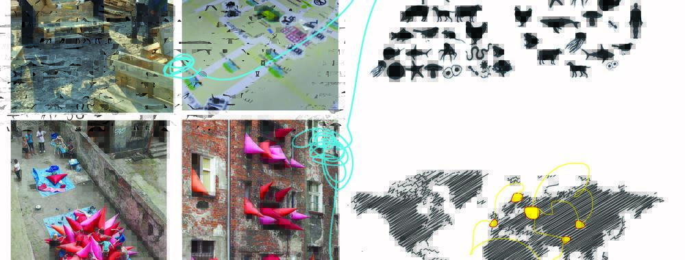 A collage of several pictures providing an idea of of a futuristic, artistic and eco-centered view of the city
