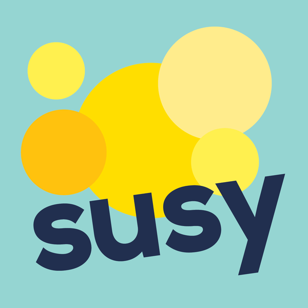 susy logo - overlapping yellow blobs on a blue background