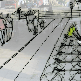 Semi-transparent photo of current street with potential cycling infrastructure sketched over it