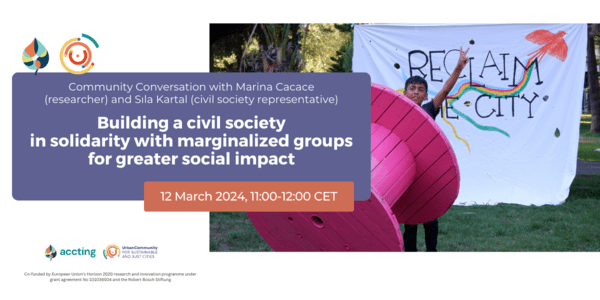 Promotion of event with title of the video and picture of a child in front of a big banner saying "reclaim the city" in city park