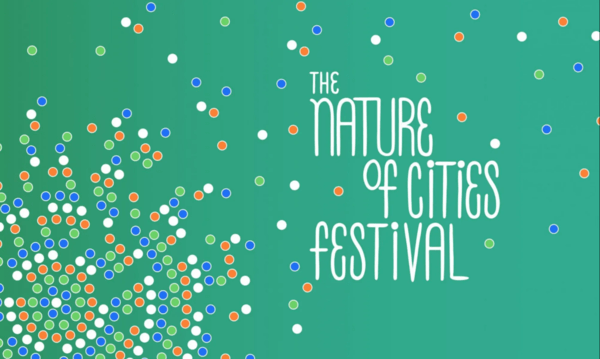 The Nature of Cities Festival poster - multicoloured dots on a green background